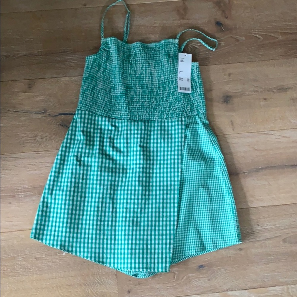 Green and white checkered romper dress
